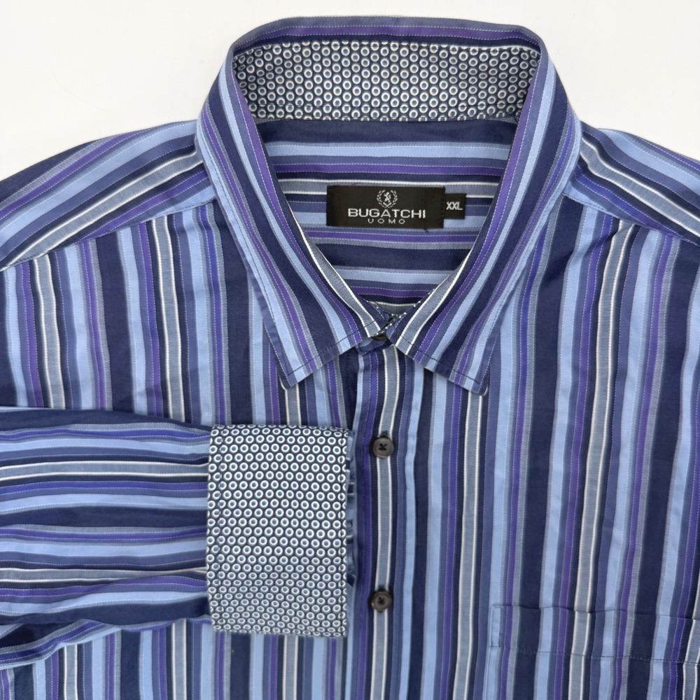 Bugatchi Uomo Button Down Men XXL Blue Striped Long Sleeve Cotton Shirt